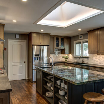 Wood Kitchen Cabinets and Green Kitchen Island Countertop