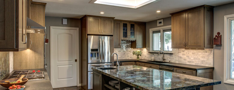 Wood Kitchen Cabinets and Green Kitchen Island Countertop